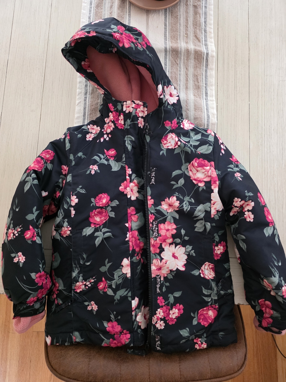 Kids Floral Hooded Winter Jacket - Pink on Black